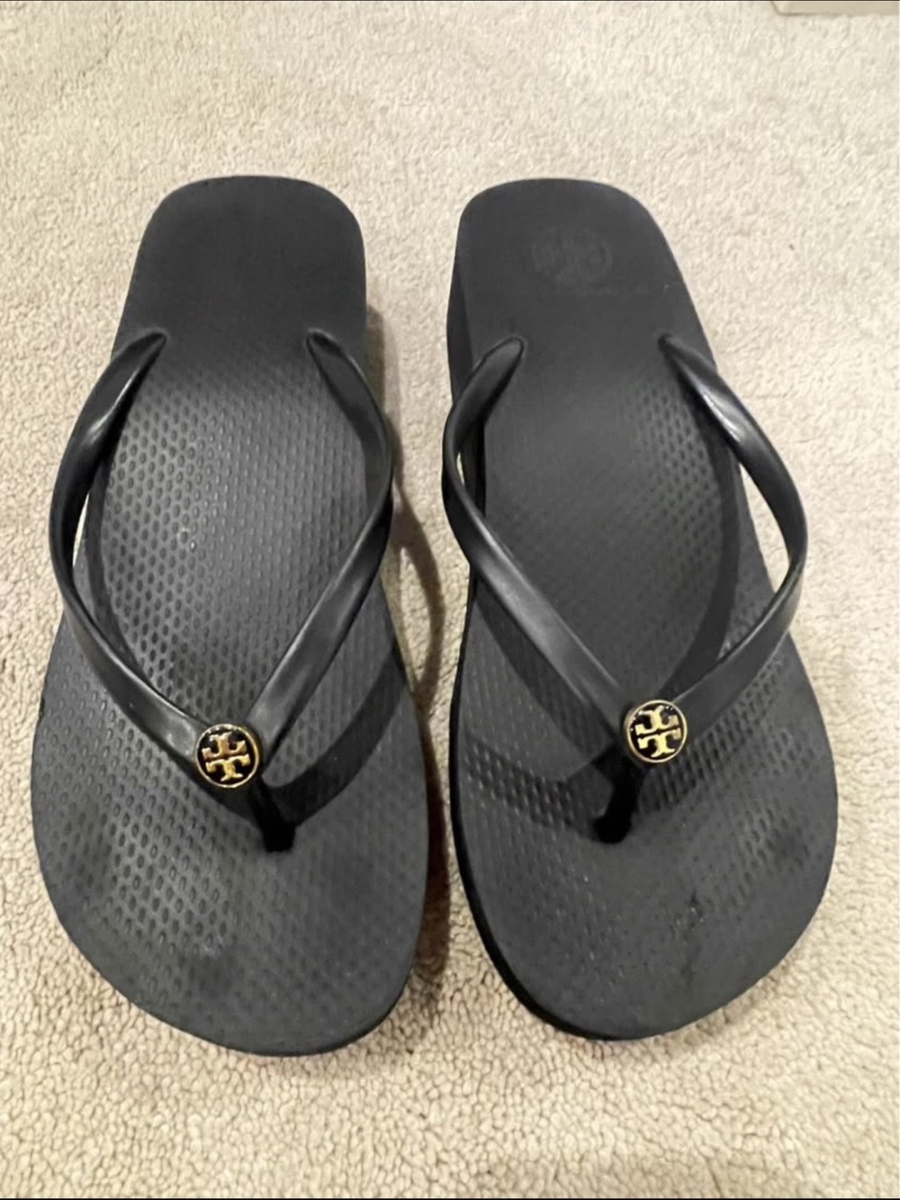 Tory Burch platform Black Flip Flops with Gold Logo Medallions